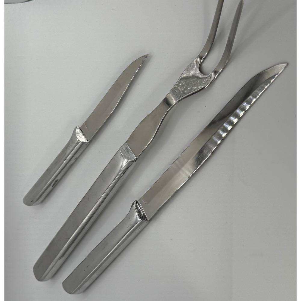 Vintage 3 Pc Mid Century Carving Set Modernist Chrome Handle Stainless Steel GUC